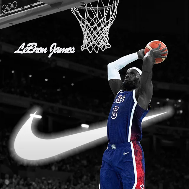 モノクロのアリーナを背景に、ダンクシュートを決める選手と大きく光る Nike のスウォッシュ、"LeBron James" の筆記体ロゴを組み合わせたポスターデザイン