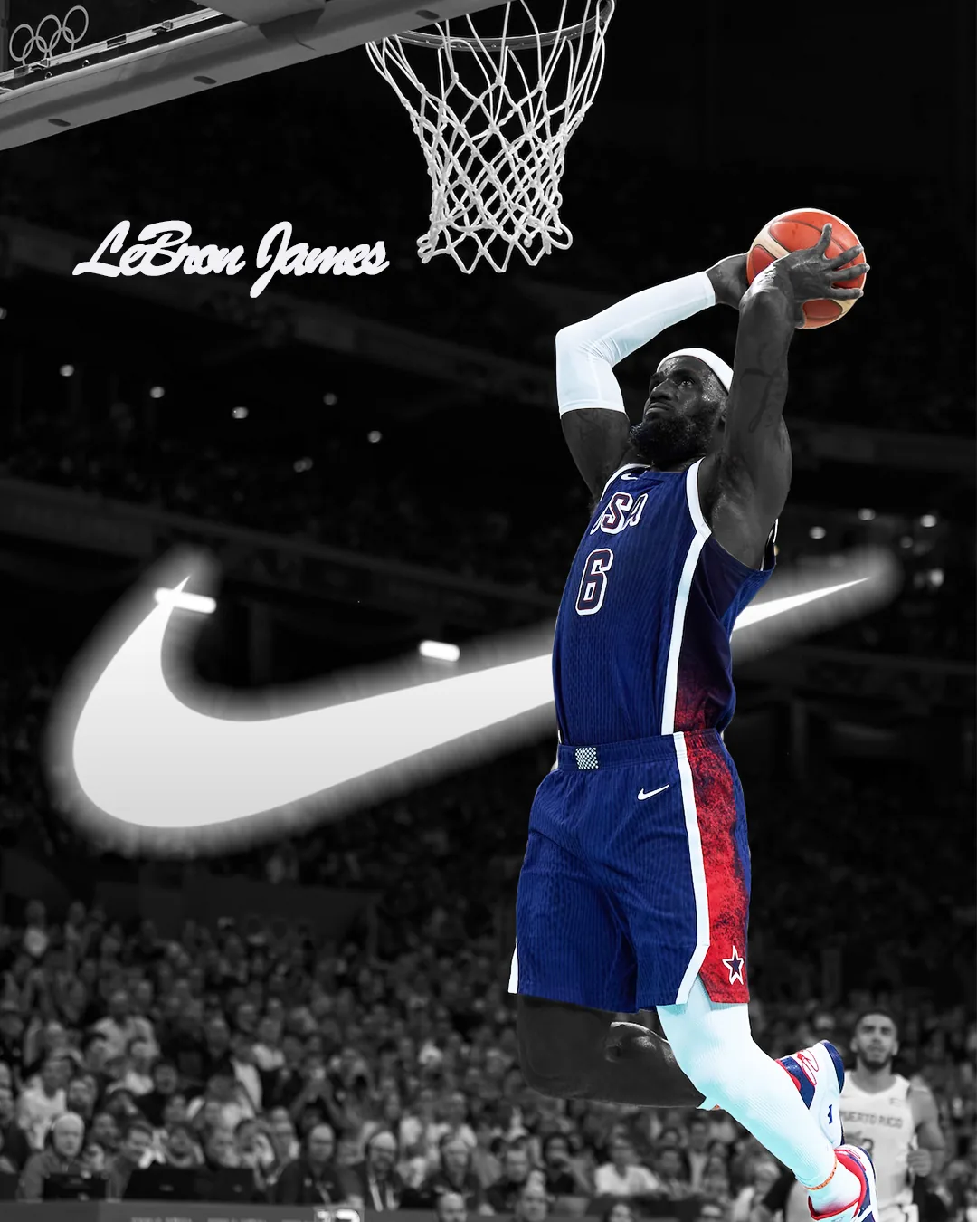 モノクロのアリーナを背景に、ダンクシュートを決める選手と大きく光る Nike のスウォッシュ、"LeBron James" の筆記体ロゴを組み合わせたポスターデザイン